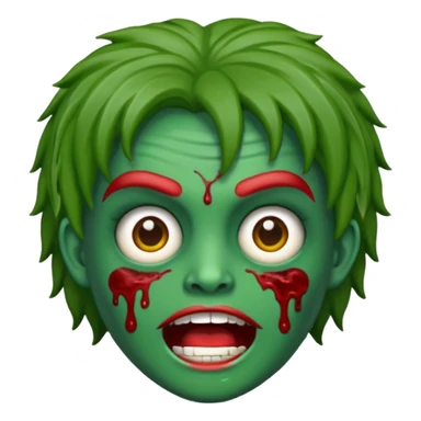 emoji de zumbi estilo WhatsApp, cabeça verde, cabelo cacheado vermelho volumoso, olhos brancos brilhando, expressão divertida e assustadora, cartoon, linhas limpas, fundo transparente, qualidade alta sticker