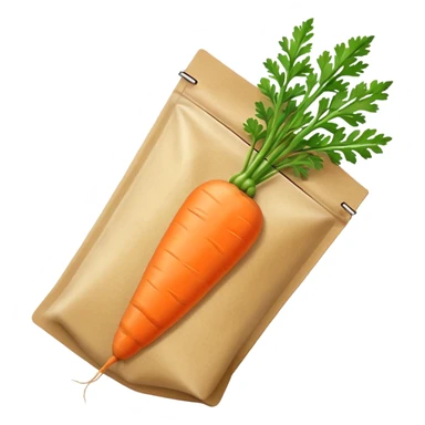 carrot seed packet, small rectangular pouch with a cute, simple illustration of an orange carrot on the front, green carrot leaves visible, minimal emoji style, clean lines, soft shading, white or light brown paper texture, friendly and cartoon-like, suitable for mobile emoji use sticker