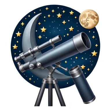 An icon featuring a telescope, stars, and a planet, symbolizing astronomy. The design includes a crescent moon, distant galaxies, and constellations, representing the study of space and celestial bodies. Transparent background highlights the exploration of the universe and cosmic phenomena. sticker
