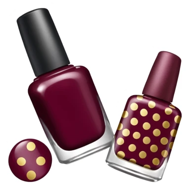 burgundy nail polish bottle, nail polish has light gold iridescence, cap is black with white polka dots, cinematic emoji sticker
