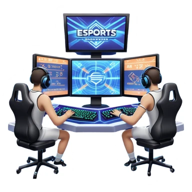 An icon featuring a gaming monitor displaying an intense esports competition, with players' hands on controllers and keyboards. A digital scoreboard and glowing energy lines surround the scene, symbolizing the excitement of competitive gaming. Transparent background highlights the world of esports. sticker