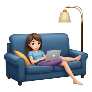 A girl is working with a laptop while lying on a sofa, with a floor lamp to the right. sticker