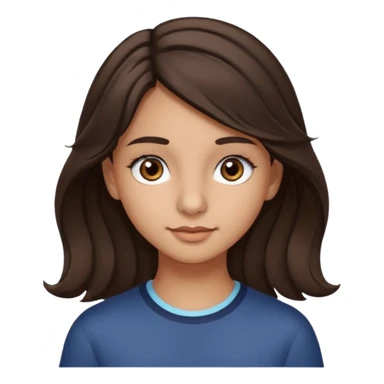 Create a emoji of a girl teen (14 years old) with dark brown hair and a little bit lighter brown in the end of the hair (but mixed) and waves in the hair with MEDIUM FAIR TO OLIVE skin tone, dark brown eyes, perfect nose, long eyelashes sticker