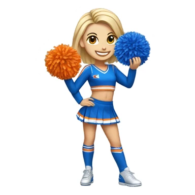 Caucasian Cheerleader with orange and blue Pom poms  in her hand and a “K1” on Uniform sticker