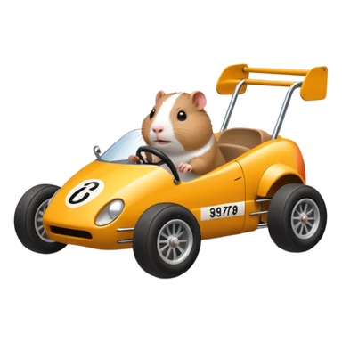 Race car whose frame and suspension is made of shopping cart material and flat panel body, being aggressively driven by a small thin Guinea pig  sticker