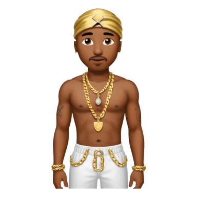 Tupac with white sequin baggy pants, shirtless with necklace sticker