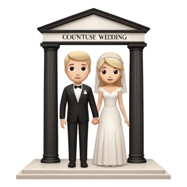 A 3D cartoon courthouse wedding venue with a bride and groom standing at the entrance, elegant white columns, soft natural lighting, simple modern decor, minimal background, realistic Memoji-style rendering. sticker