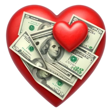 "Realistic HD red heart fused with money, cash integrated into the heart, glossy texture, clean white background." sticker