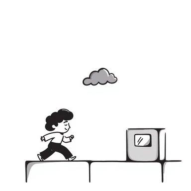 pixel art of a retro side-scrolling video game scene with blocks, platforms, clouds and a character jumping, 8-bit Game Boy style sticker