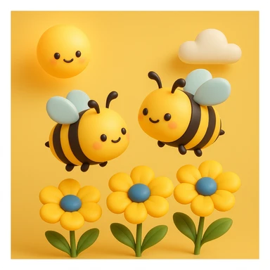 Two bees flying over yellow flowers with a yellow background and a sun in the top left corner. The bees are black and yellow, and the flowers are yellow with blue centers. The background is plain and yellow with white clouds. Make it look exactly like the reference image, but in the kawaii 3D iOS model. sticker