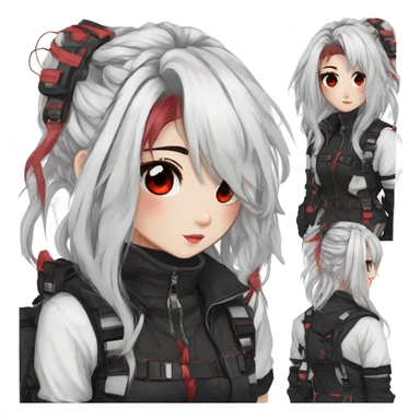 Gorgeous techwear anime style lady with blushing face aesthetic and pretty edgy black red white punk messy hair with collar and harness trending style sticker