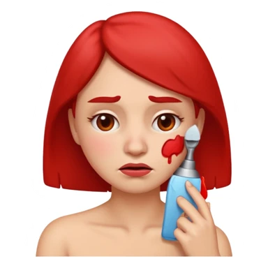 woman emoji with frown, red irritated skin on face and neck, one hand on cheek, clearly suffering from shaving burn sticker