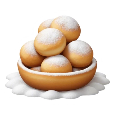 Cinematic Realistic Fritule Dessert Emoji, featuring small, fluffy dough balls dusted with powdered sugar rendered with delicate textures and warm, inviting lighting. sticker