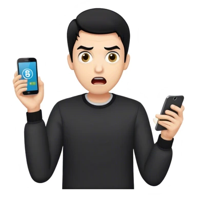 A surprised man with black hair holding a smartphone, wide eyes and open mouth, showing a banking app with a negative balance or notification of stolen money, hands in a shocked gesture, light skin tone, modern clothing, simple emoji style sticker