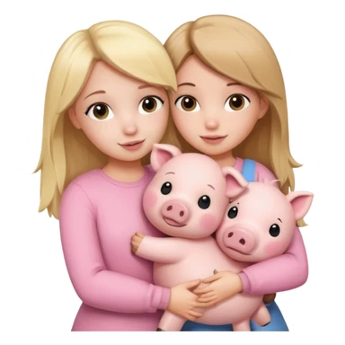 Girlfriends, blonde and brunette, hugging each other with a teddy bear and a little pig sticker