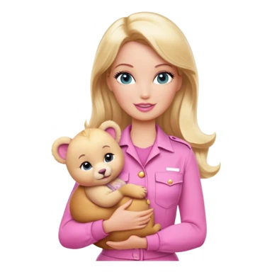 Blonde zookeeper Barbie, pink outfit, holding a cub sticker