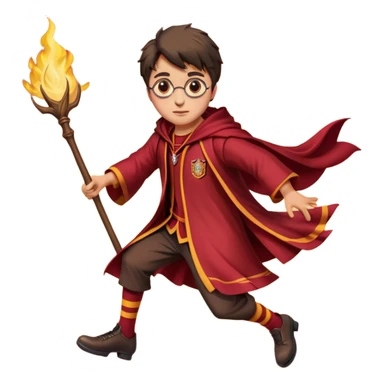 Cartoon-style illustration of Harry Potter flying on a broomstick, Gryffindor red and gold outfit, expressive face, dynamic motion, magical vibe, smooth shading, vibrant colors, no background, transparent background, isolated character. sticker