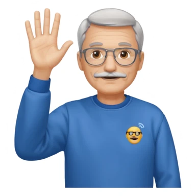 60 yr man with partially gray hair, mustache, light glasses, sweatshirt, waving hello sticker