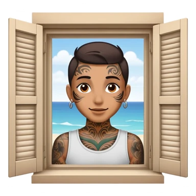 person with face tattoo looking out, and opens window shutters happy sticker