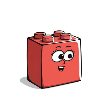 A hand-drawn red Lego-style brick with a silly cute expression sticker