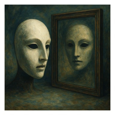 a mysterious mask and its reflection in a mirror, surreal style, dreamlike, imaginative, detailed sticker