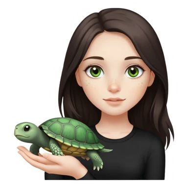 pretty girl, she has dark brown hair, long length hair and straight, grayish green eyes, and long eyelashes, the girl has freckles and pale skin, she’s wearing black top and holding a turtle in her hand  sticker