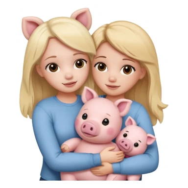 Girlfriends, one blonde and one brunette, hugging each other with a teddy bear and a little pig sticker