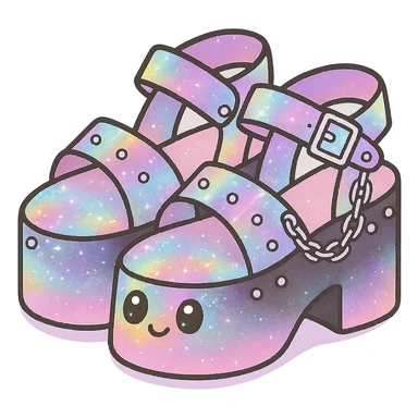 Add a holographic effect to the black-to-pastel pink gradient platform sandals with silver studs and chains, subtle glitter, kawaii style, no socks, no hearts, transparent background sticker