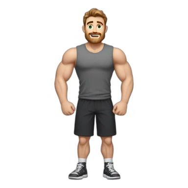 Full height Actively gesturing with hands Pale skinned Fit Man With the biceps and brown hair in dark gray Sleeveless Mike, black oversize sports shorts, watch and white Sneakers sticker