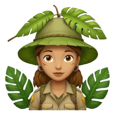 a young female explorer with jungle wearing a large leaf headgear bye and magnificer  sticker