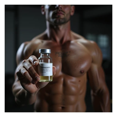 realistic photo of a serious crossfit athlete showing a vial labeled 'Stanozololo', defined muscles, intense light, gym background sticker