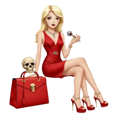 Lilith symbol red eye seductress  length blonde haired powerful woman with Gucci, and Hermes bags next to her. Wearing long dress with slit, sitting on of gold and diamonds. Black Platform high heels on feet. seat stacked with designer bags,  dead human skull of her enemies in her other hand sticker