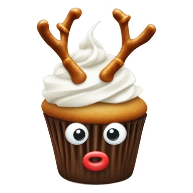 Cupcake with white frosting with pretzel antlers at the top and two little eyes with a red nose  sticker