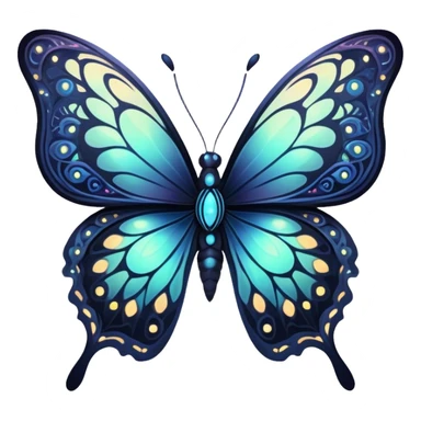 Dark, glowing, bio-luminescent butterfly, with intricate patterns, detailed markings sticker