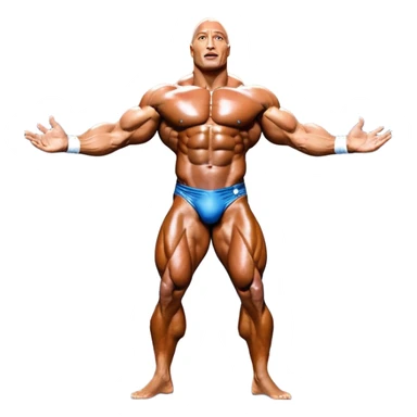 Dwayne Johnson, covered in oil, on stage at a Mr. Universe bodybuilding competition, striking a 'Side Triceps' pose. His defined muscles gleam under the bright lights, with the audience and judges in the background, capturing the intense focus and strength of the moment. Transparent background. sticker