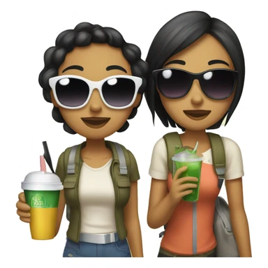 two girls going on a trip, both with black hair and olive skin, wearing sunglasses, carrying luggage and holding a drink on their hand sticker