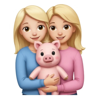 Girlfriends, one blonde and one brunette, hugging each other with a teddy bear and a little pig sticker