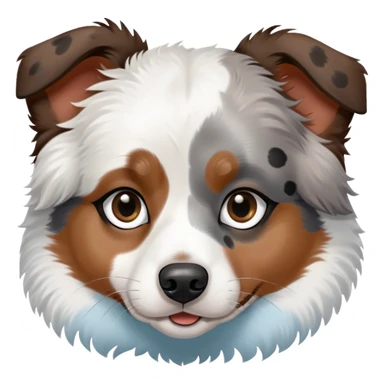 A mini Australian shepherd with white hair and black spots over her eyes. She is just black and white, no brown. One eye is light blue, and the other is brown sticker