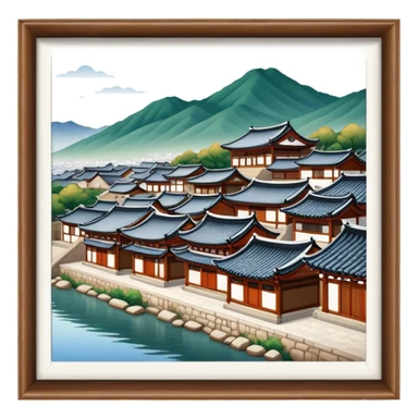 Cinematic Realistic Bukchon Hanok Village Landmark Emoji, depicted with traditional Korean houses set against a scenic backdrop rendered with detailed textures and warm, inviting lighting. sticker
