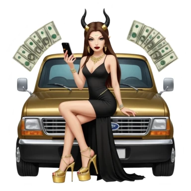 Sensual queen long brown straight haired sexy drug lord woman with  glitter platform high heels on her feet,  and devil black horns on her head, holding a stack of cash, has a phone in other hand. Sitting on the hood of a  gold ford350 pickup truck  full of drugs, long black dress with sexy slit sticker