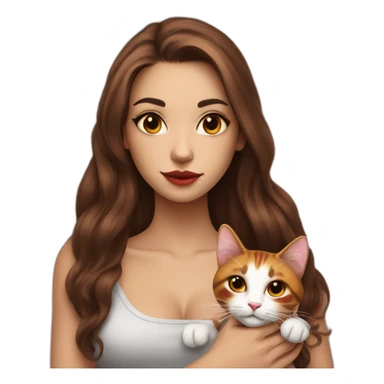 young tattooed woman with  brunette long hair holding a red and white cat in her hands sticker