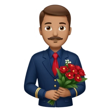 Homme avec bouquet fleurs blanches, avec uniforme bleu foncé cravate rouge, arabe raie sur le coté, brun un peu bronzé et yeux marrons 23 ans bouc moustache sans fleurs sur le costume  sticker