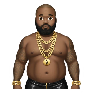 Rick Ross with black sequin baggy pants, shirtless with necklace sticker