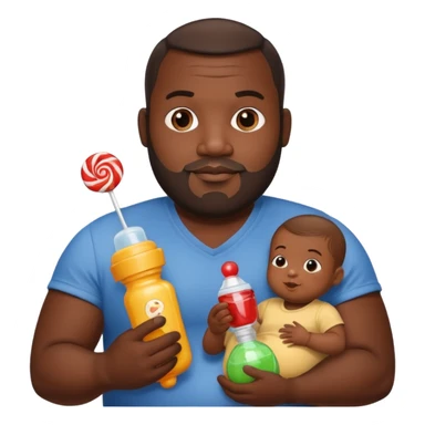 Big black man hold a  baby bottle and a lollipop sticker