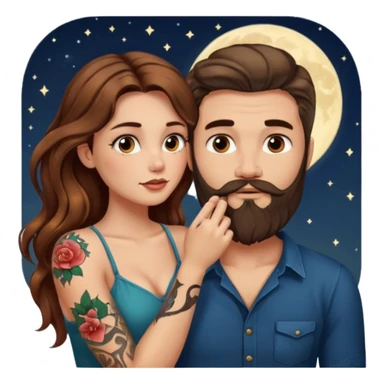 woman with long wavy brown hair tattoos and bearded man, she holds his chin, close flirty stare, moonlight glow sticker