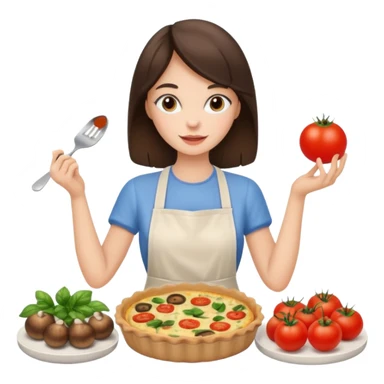 a brunette girl is making a quiche with mushrooms and tomatoes sticker
