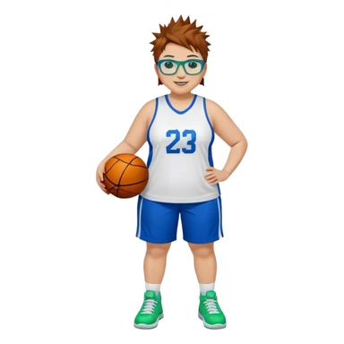 Full Body plus size white female basketball player with short medium brown hair with carmel highlights spikey hair wearing blue glasses 
 wide nose wearing blue green uniform  green sneakers smiling  sticker