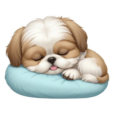 Meme-Worthy Cute Sleeping Shih Tzu Portrait Emoji, Head resting peacefully with a tender, contented smile and eyes delicately closed in serene slumber, showcasing a luxuriously fluffy fur in soft pastel tones, simplified yet irresistibly adorable, highly detailed, glowing with a warm, drowsy radiance, high shine, exuding calm, cozy charm, styled with a gentle, soft glowing outline, capturing the essence of a sleeping Shih Tzu that radiates utterly adorable, sleepy bliss! sticker