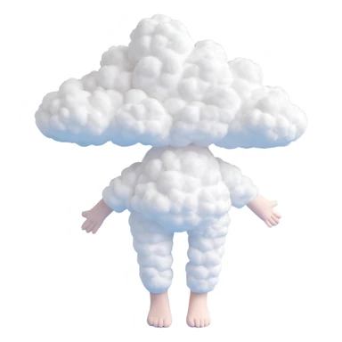 flying person with body and limbs made of small white fluffy clouds, convex texture, minimalist, no background sticker