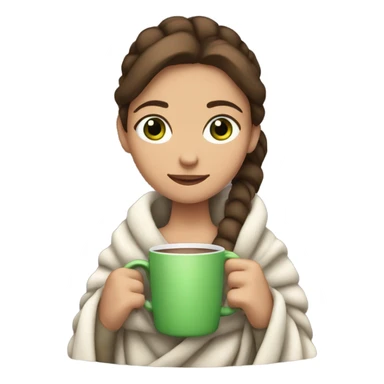 girl with brown hair with a ponytail wrapped in a blanket, she has green eyes, she is also holding a mug of hot chocolate. sticker